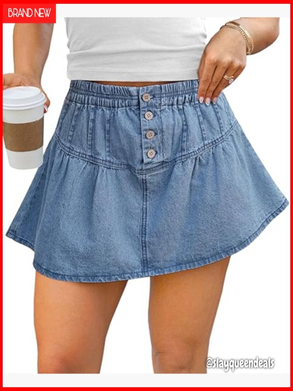 High Waisted Pleated Denim Mini Skirt with Built-In Shorts A-Line
